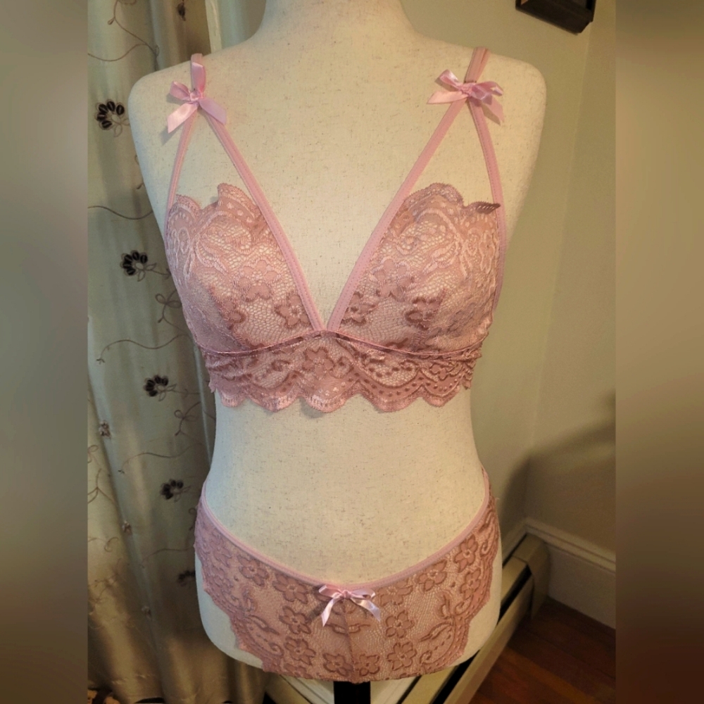 SHEIN Pink Lace Bralette and Bikini Set